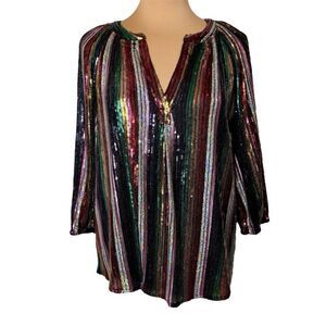 Crown & Ivy Sz M 3/4 Blouson Sleeve Multicolor Stripe Sequin Peasant Top Disco